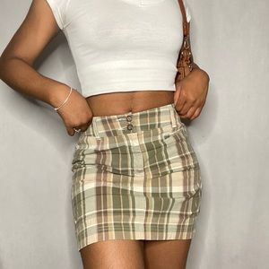 Y2k green plaid striped mini skirt